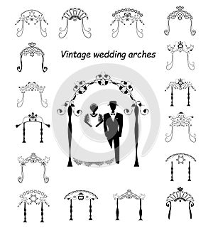 Set of Vintage Graphic Chuppah. Arch for a religious Jewish Jewish wedding. The bride and groom under a canopy.