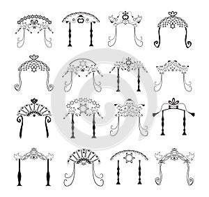 Set of vintage graphic Chuppah. Religious Jewish wedding canopy for. Vector illustration on isolated background