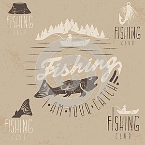 Set of vintage grunge labels with fishing