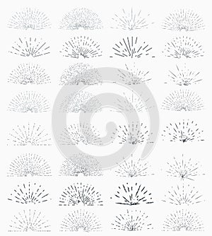 Set of vintage hand drawn sunburst rays design elements, halves, explosion, fireworks, black rays, illustration