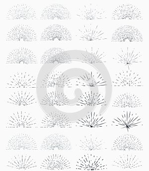 Set of vintage hand drawn sunburst rays design elements, halves, explosion, fireworks, black rays, illustration