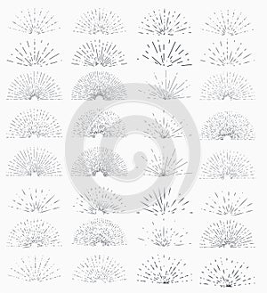 Set of vintage hand drawn sunburst rays design elements, halves, explosion, fireworks, black rays, illustration