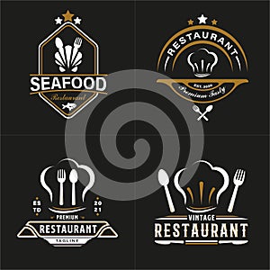 Set of Vintage Hipster Retro Logo Style for Restaurant Logo Design. With gold chef head cap, spoon, knife, clam, and fork icon