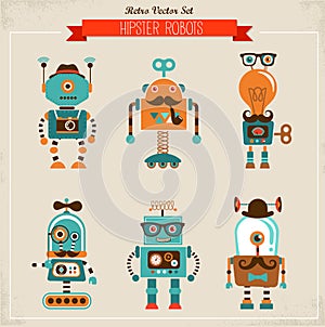 Set of vintage hipster robot icons