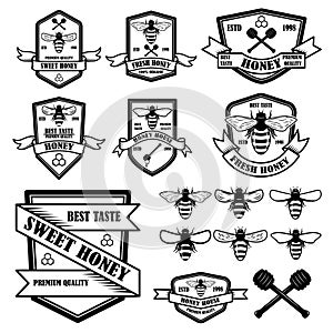 Set of vintage honey labels template. Bee icons. Design element for logo, label, emblem, sign, poster