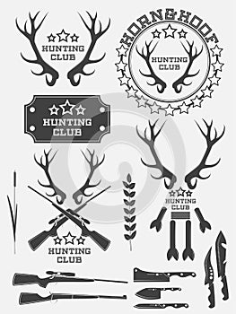 Set of vintage hunting logo, labels and badges. Deer. Horn. Weapon. Vector