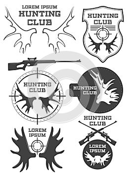 Set of vintage hunting logo, labels and badges. Deer. Horn. Weapon. Vector