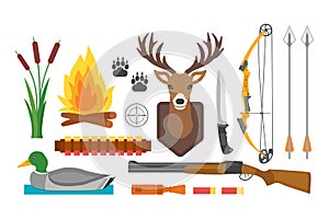 Set of vintage hunting symbols camping objects design elements flat style hunter weapons and forest wild animals and