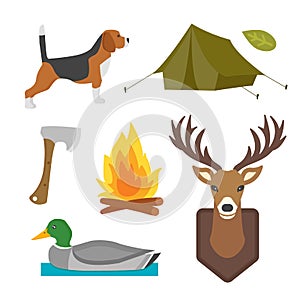 Set of vintage hunting symbols camping objects design elements flat style hunter weapons and forest wild animals and