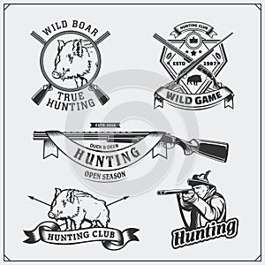 Set of vintage hunting wild boar labels, badges, emblems and design elements.