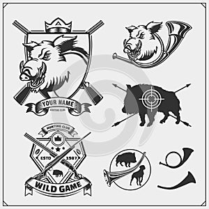 Set of vintage hunting wild boar labels, badges, emblems and design elements. Print desigr for hunt club t-shirt.