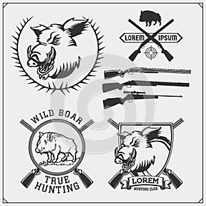 Set of vintage hunting wild boar labels, badges, emblems and design elements. Print desigr for hunt club t-shirt.