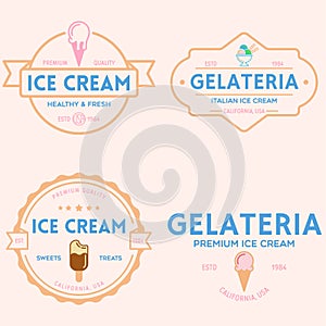 Set of vintage ice cream shop logo badges and labels, gelateria signs. Retro logotypes for cafeteria or bar