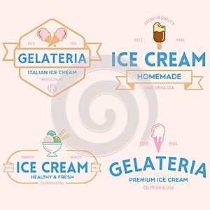 Set of vintage ice cream shop logo badges and labels, gelateria signs. Retro logotypes for cafeteria or bar