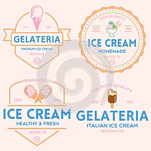 Set of vintage ice cream shop logo badges and labels, gelateria signs. Retro logotypes for cafeteria or bar