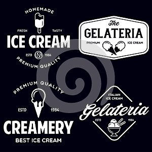Set of vintage ice cream shop logo badges and labels, gelateria signs. Retro logotypes for cafeteria or bar