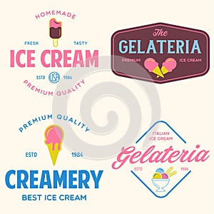 Set of vintage ice cream shop logo badges and labels, gelateria signs. Retro logotypes for cafeteria or bar