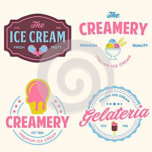 Set of vintage ice cream shop logo badges and labels, gelateria signs. Retro logotypes for cafeteria or bar