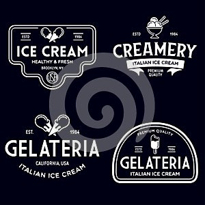 Set of vintage ice cream shop logo badges and labels, gelateria signs. Retro logotypes for cafeteria or bar