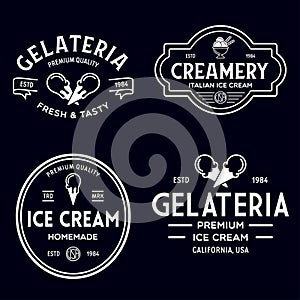 Set of vintage ice cream shop logo badges and labels, gelateria signs. Retro logotypes for cafeteria or bar