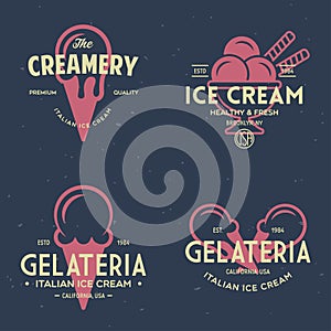 Set of vintage ice cream shop logo badges and labels, gelateria signs. Retro logotypes for cafeteria or bar