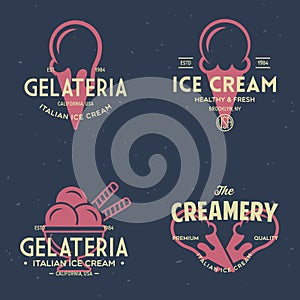 Set of vintage ice cream shop logo badges and labels, gelateria signs. Retro logotypes for cafeteria or bar