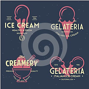 Set of vintage ice cream shop logo badges and labels, gelateria signs. Retro logotypes for cafeteria or bar