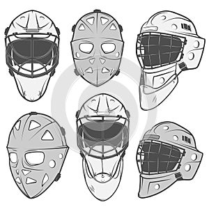 Set of vintage ice hockey goalkeeper helmet design elements for emblems