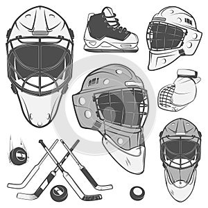 Set of vintage ice hockey goalkeeper helmet design elements for emblems sport