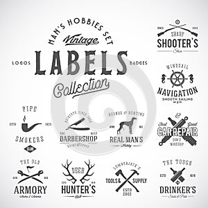 Set of Vintage Icons, Labels or Logo Templates With Retro Typography for Mens Hobbies Such as Yachting, Hunting, Arms