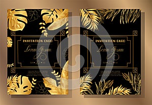 Set of vintage invitation cards with golden tropical leaves pattern on black and geometric frame.