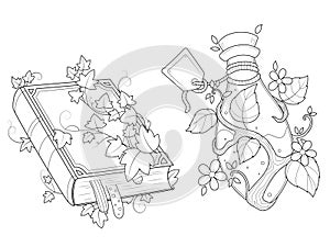 Set Vintage jar and book entwined with ivy. Children coloring book, black lines on a white background.