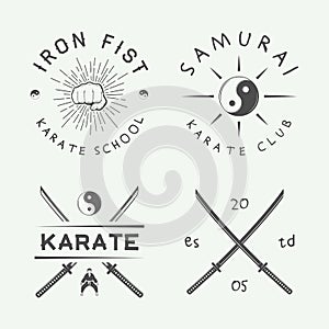 Set of vintage karate or martial arts logo, emblem, badge, label and design elements in retro style.