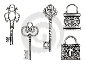 Set of vintage keys and locks