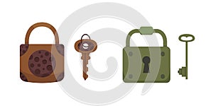 Set of vintage keys and locks. Vector illustration cartoon padlock. Secret, mystery or safe icon.