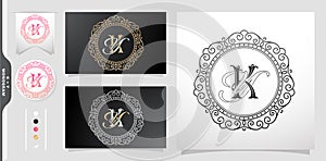 Set of vintage labels and badges, Set of label initial KY or YK letter, Circle gold frame border with ornament pattern