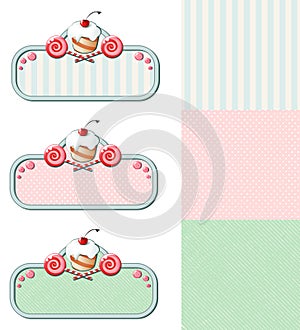 Set of vintage labels with cupcake and candies