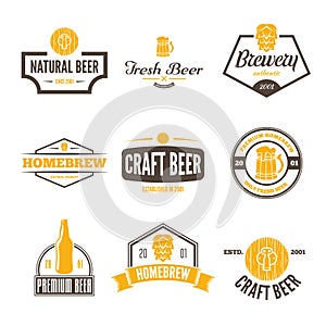 Set of vintage logo, badge, emblem or logotype elements for beer, shop, home brew, tavern, bar, cafe and restaurant