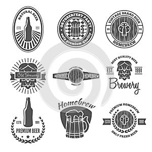 Set of vintage logo, badge, emblem or logotype elements for beer, shop, home brew, tavern, bar, cafe and restaurant