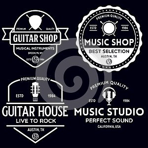 Set of vintage logo, badge, emblem for music shop, guitar shop. Music icons for audio store, branding or poster