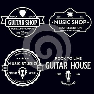 Set of vintage logo, badge, emblem for music shop, guitar shop. Music icons for audio store, branding or poster