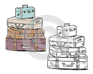 Set of vintage luggage bags, vector line art. Line drawing and color illustrations