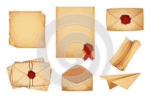 Set vintage magic envelope, letters, parchment paper, scroll with red wax seal in cartoon style isolated on white