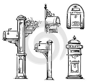 Set of vintage mailboxes, post mounted mailbox vector sketch