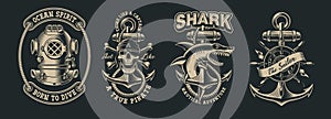 Set of vintage marine illustration with skull, shark, diver helmet