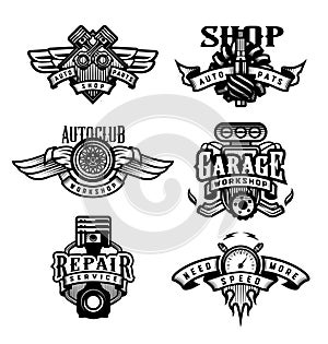 Set of vintage monochrome auto emblems, badges, logos. Vector illustration.