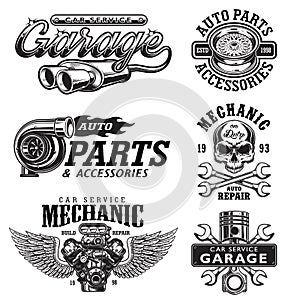 Set of vintage monochrome car repair emblems