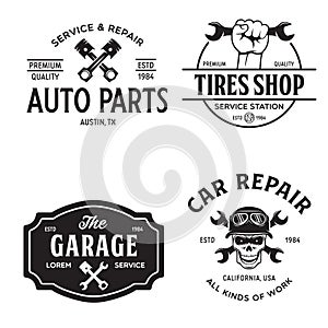 Set of vintage monochrome car repair service templates of emblems, labels, badges and logos