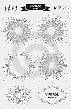 Set of Vintage monochrome Sun Burst, Starburst. Vector vintage design elements photo