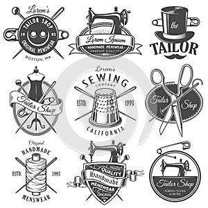 Set of vintage monochrome tailor emblems photo